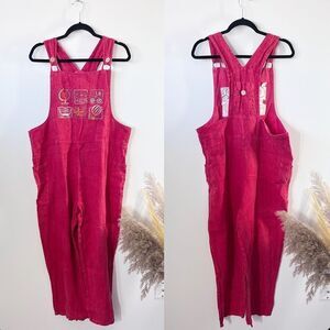 Liz & Jane clothes linen red overalls embroidered art to wear lagenlook womens L